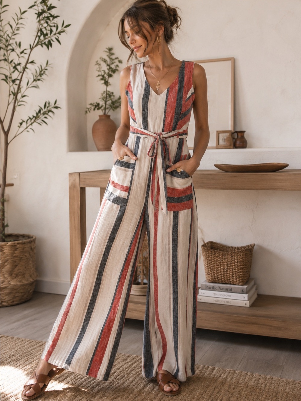 Indigo Rain Linen Blend Striped Wide Leg Jumpsuit Women’s M Boho